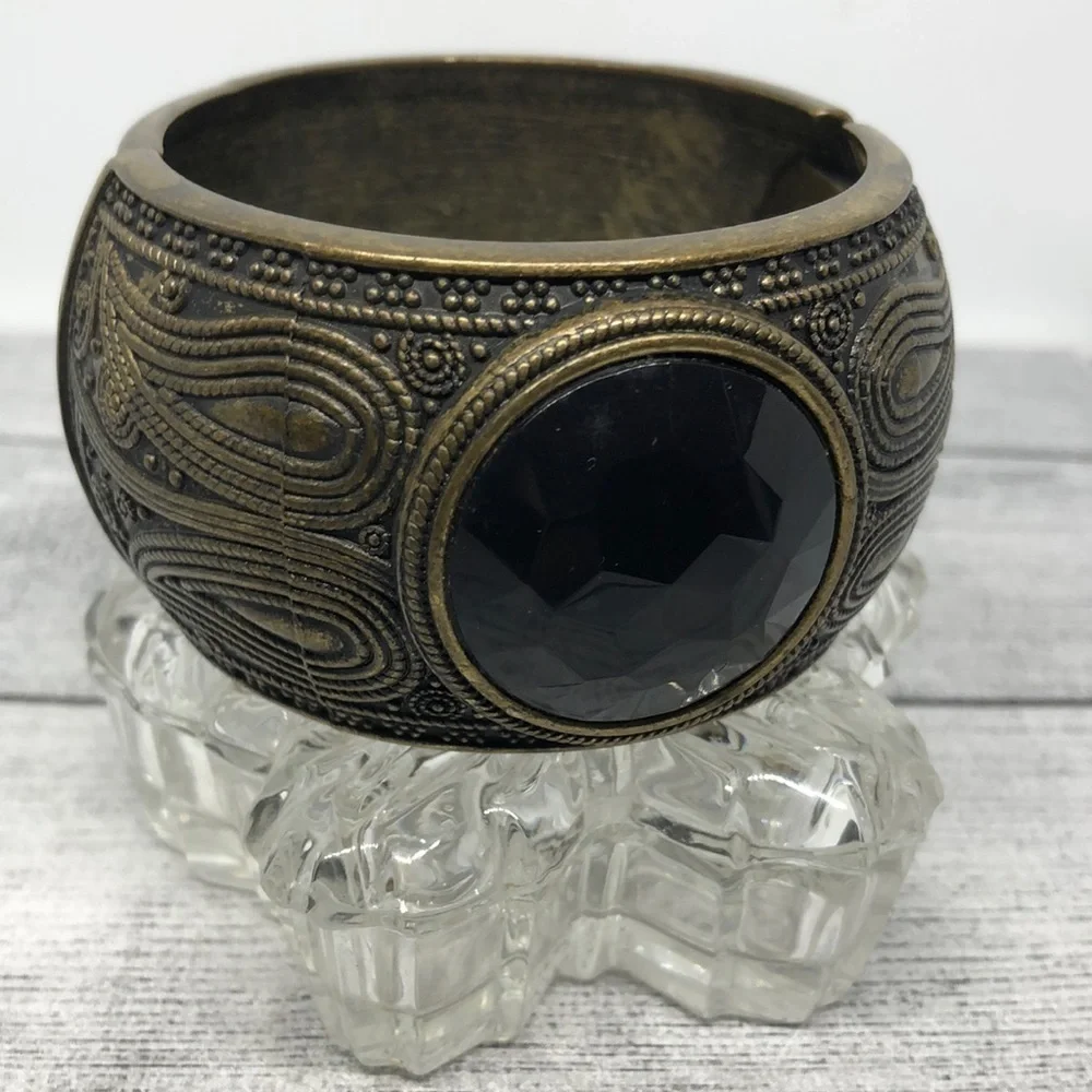 Antique aged brass tone faux opal statment bracelet boho festival exotic